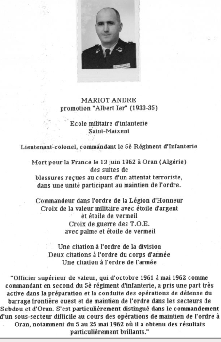 Lieutenant colonel mariot andre 13 juin 1962 unite de maintien de l ordre